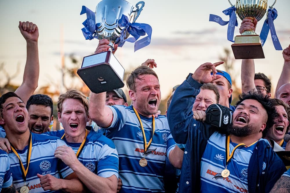 Captain Kieran Stringer celebrating ten years between premierships. Photo: True Spirit Photos