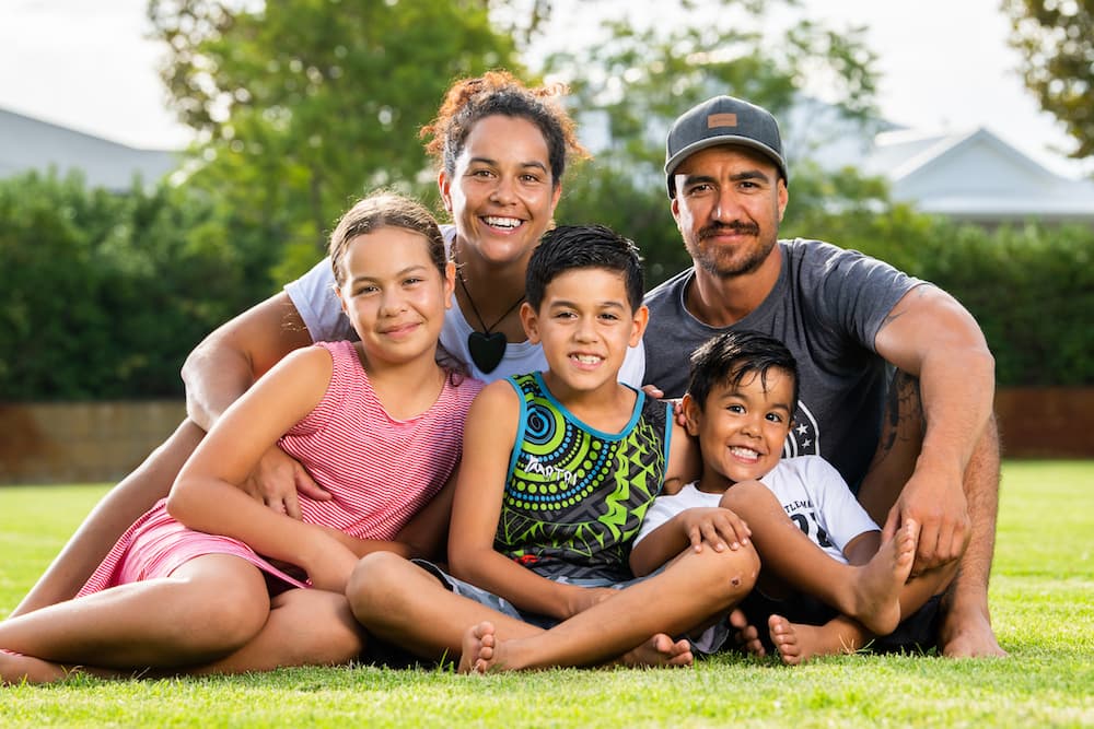 Rugby WA’s Kateraina Ahipene with partner Michael Horner and children (left to right) Riley (10), Maikah (7) and Beau (4). Photo: Rugby AU Media/Stuart Walmsley