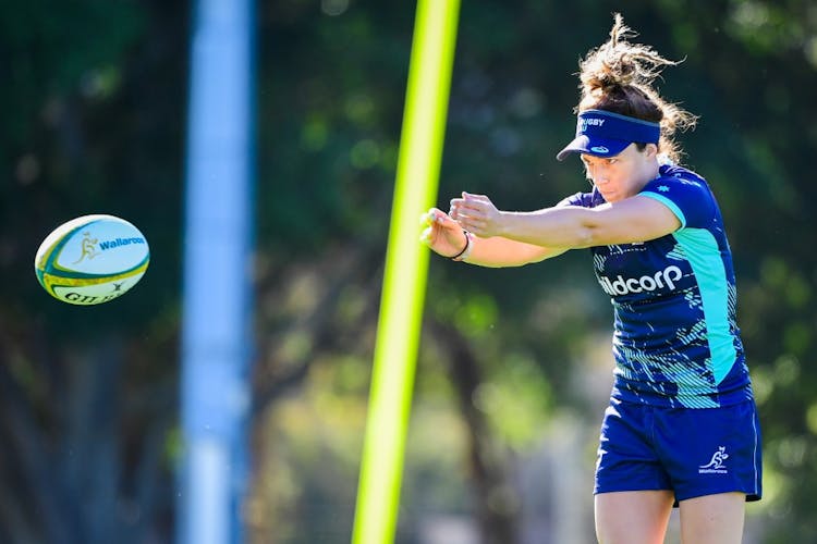 Lori Cramer completes a passing drill at training ahead of the Test against Japan. Photo: RUGBY.com.au/Stuart Walmsley
