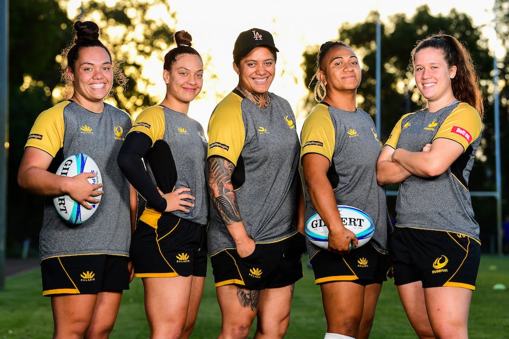 Members of Rugby WA's Super W squad from north Perth's Wanneroo Rugby Union Club; (left to right) Caitlin Burt Poloai, Zakiya Kereopa, Tui Cope, Sera Ah-Sam and Taylor Waterson. Photo: Rugby AU Media/Stuart Walmsley